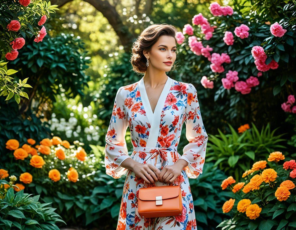 A stylish woman confidently wearing a chic outfit that blends modern fashion with vintage elements, surrounded by a lush garden filled with blooming flowers that symbolize beauty and charm. The scene should evoke a sense of inner elegance, showcasing accessories such as delicate jewelry and a fashionable handbag. Soft, warm lighting enhances the inviting atmosphere, making the viewer feel inspired. super-realistic. vibrant colors. soft focus.