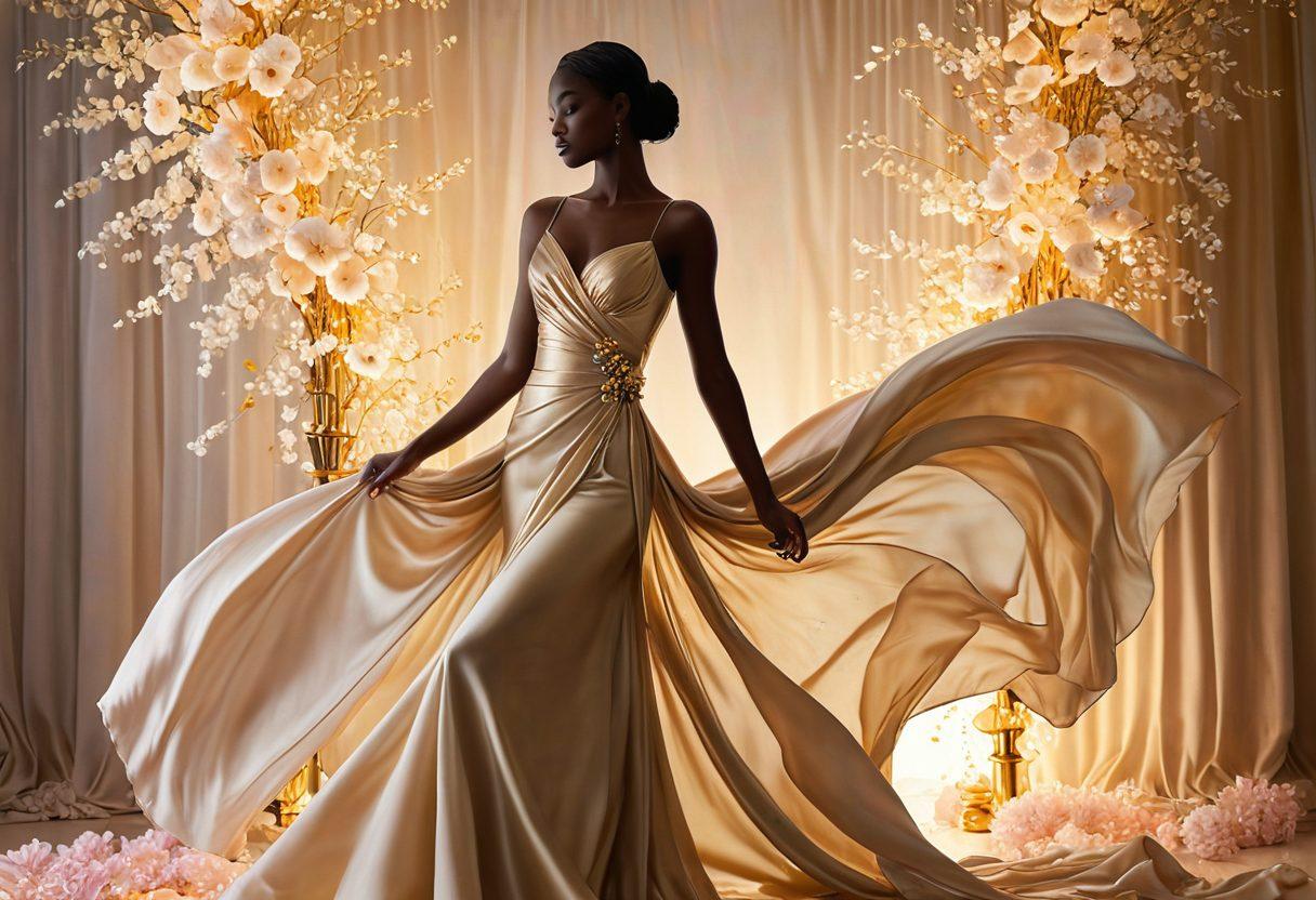 A graceful silhouette of a woman draped in flowing, elegant fabrics that shimmer like liquid gold, surrounded by ethereal floating petals and soft glow lights. In the background, hints of vintage beauty products and accessories are subtly showcased. The atmosphere exudes a sense of sophistication and timeless allure, with a color palette of soft pastels and luxurious gold accents. painting. vibrant colors. dreamy ambiance.